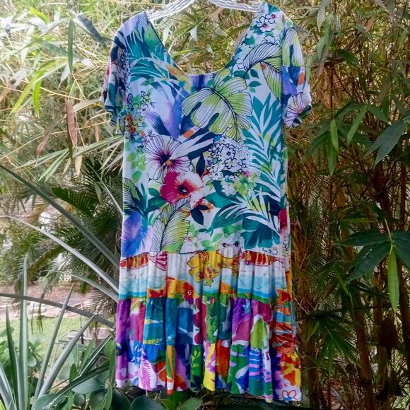 VTG JAMS WORLD Hattie Dress Hawaiian JUNGLE SPLASH Floral Print Short Sleeve M - Picture 2 of 8